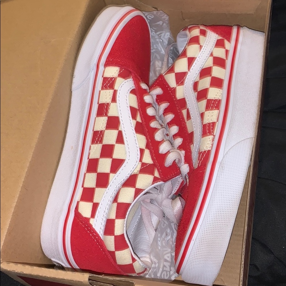 red checkerboard old skool vans